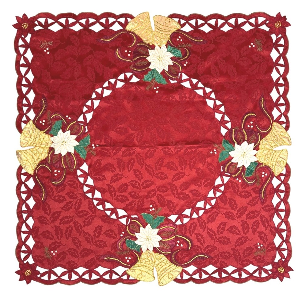 Christmas Holly Poinsettia Bells Tablecloth Red Gold Festive Holiday Decor Rico